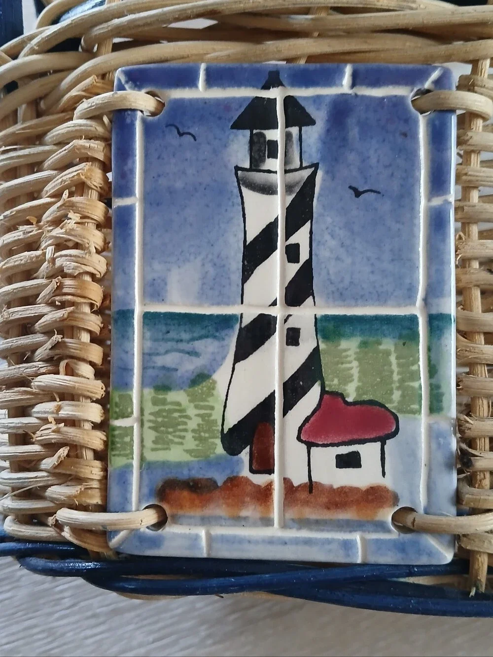 Woven Basket Nautical Ceramic Tiles Lighthouse Sailboat Coastal Decor Storage